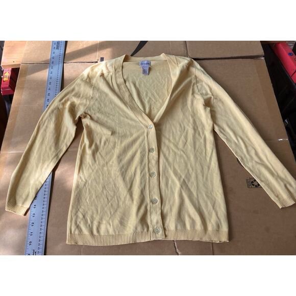 Chicos Yellow Cardigan Sweater, Women's Size 1 Ribbed V Neck, Button Up, Spring - Picture 1 of 12